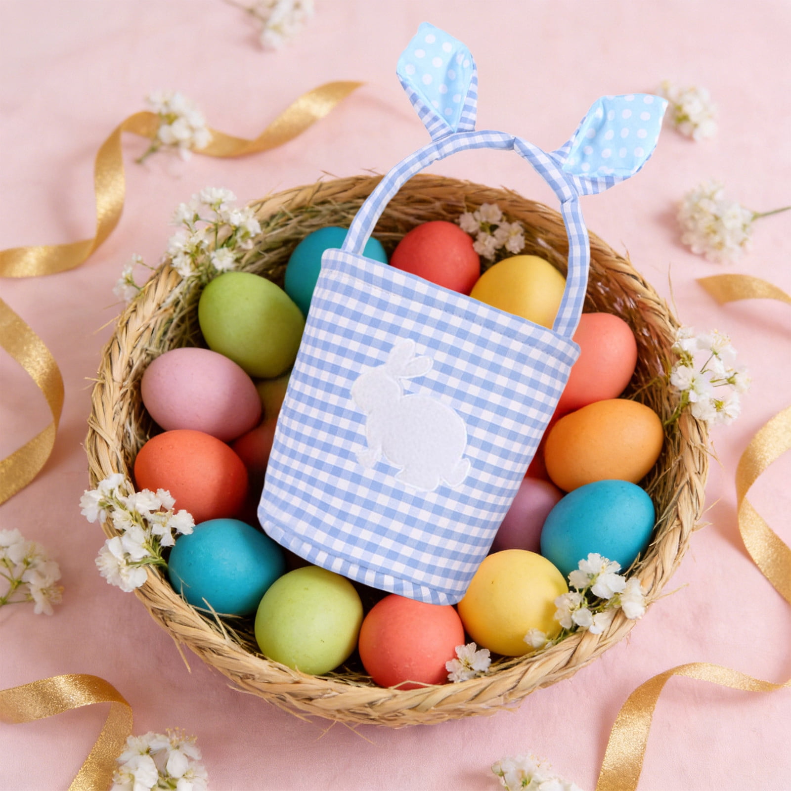 Easter Bunny Ears Basket Plaid Easter Egg Candy Gift Storage Handbag for Home Party Decoration Cute Pastel Spring Holiday Decor