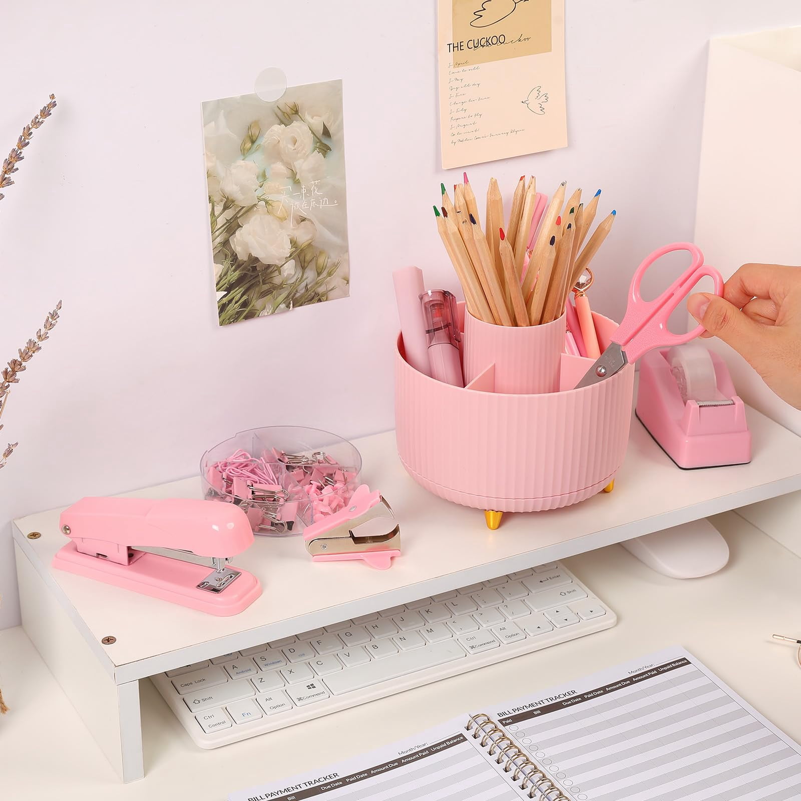 Pink Office Supplies Set  Pencil Holder For Desk Gel Pen Stapler Tape Dispenser Clips And 1000pcs Staples Decor Women Accessories