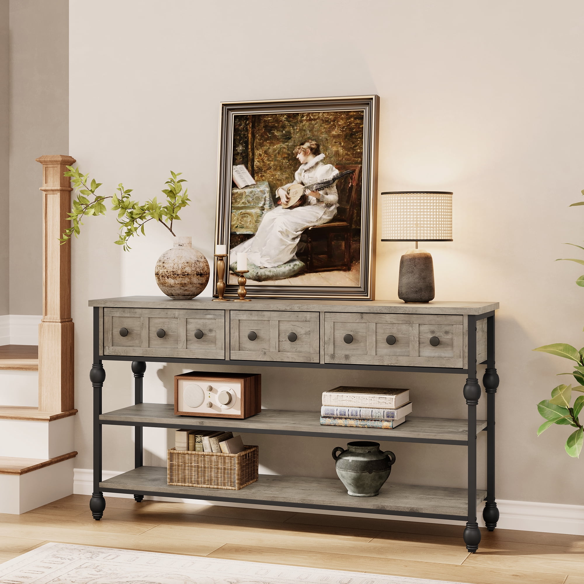 52.5 Inch Long Console Tables for Entryway with 3 Drawers, 3-Tier Industrial Metal Frame Sofa Table with Roman Column Legs for Hallway, Living Room, Foyer, Retro