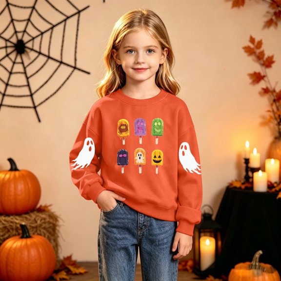 CYRBOKO Girls Halloween Sweatshirt 10-12, Pullover Crew Neck Long Sleeve Casual Holiday Top Orange