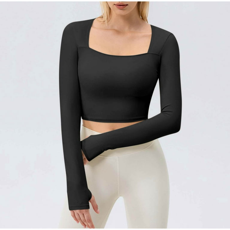 Women's Square Neck Cropped Workout Yoga Shirts Slim Fitted Long