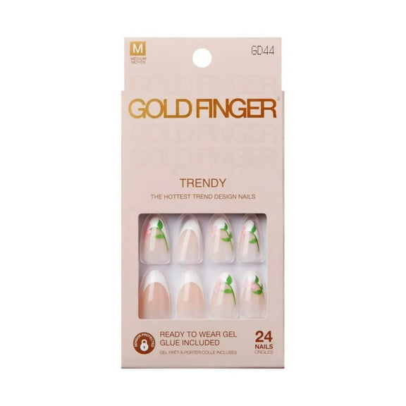 GoldFinger 24 Pcs Press On Nails, Medium Almond Fake Nails, Flower French Tip Gel Stick On Extensions, Reusable Full Cover False Nail Kit with Glue, Manicure Stick & File, 7 Day Long Lasting Wear