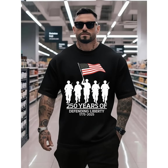 Men's Patriotic American Flag T-Shirt 250 Years of Defending Liberty Military Soldier Graphic Tee Retro USA Pride Short Sleeve Cotton Top
