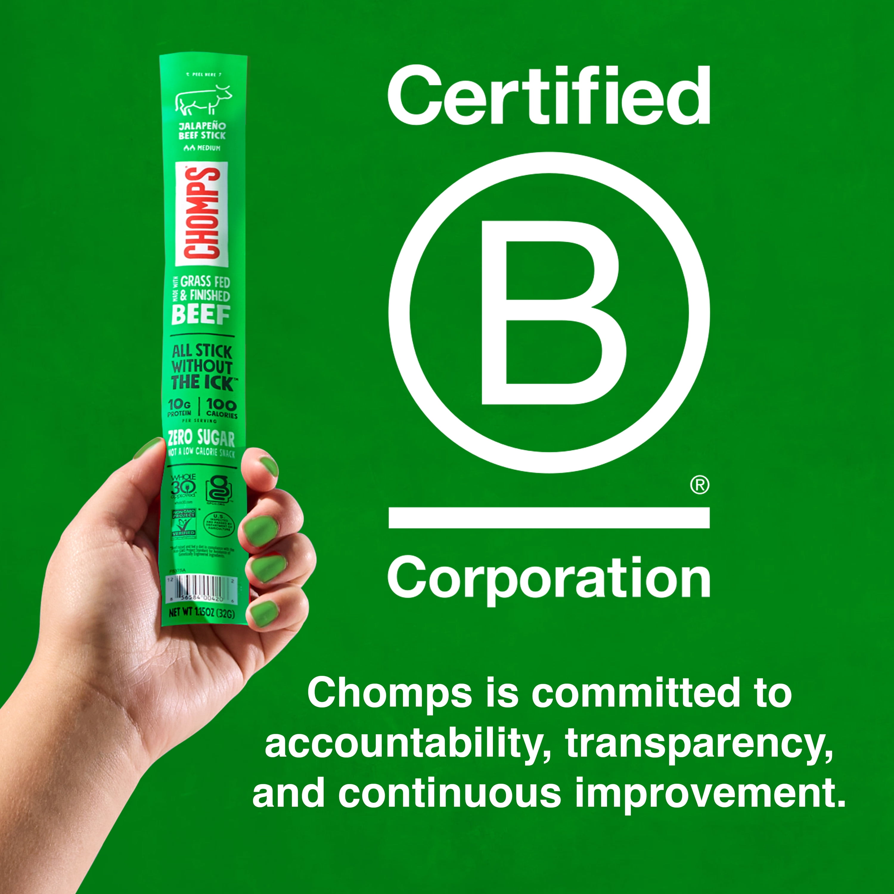 (8 pack) Chomps Grass-Fed and Finished Jalapeño Beef Snack Stick