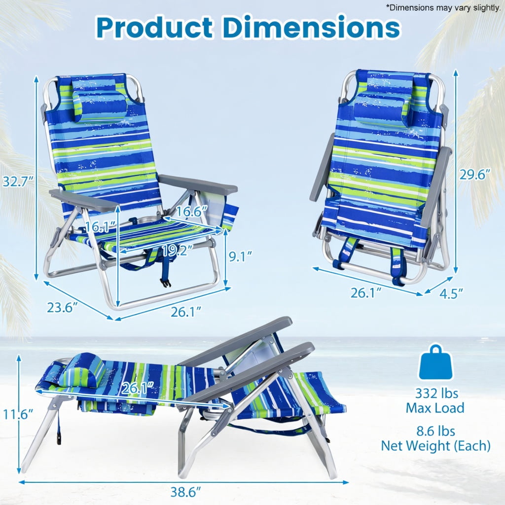 Hommoo 2-Pack Portable Beach Chairs with 5-Position Recline, Padded Headrest, Insulated Cooler Bag & Towel Hanger, Blue & Green
