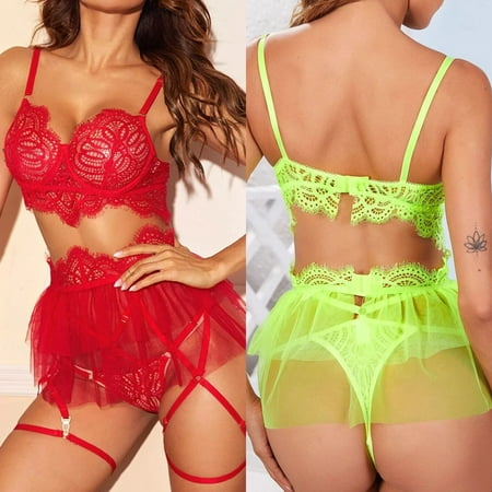 USSUMA Lingerie for Women  Sexy Lingerie Lace G-string Thong Underwear Sleepwear Miniskirt Bra Thong on Clearance WOW finds Green L