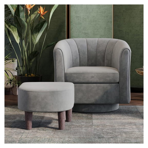 Swivel Accent Chair with Ottoman: Small Chair 360 Swivel Modern Armchair, Upholstered Reading Chair with Footrest for Living Room Bedroom Study Room (Grey)