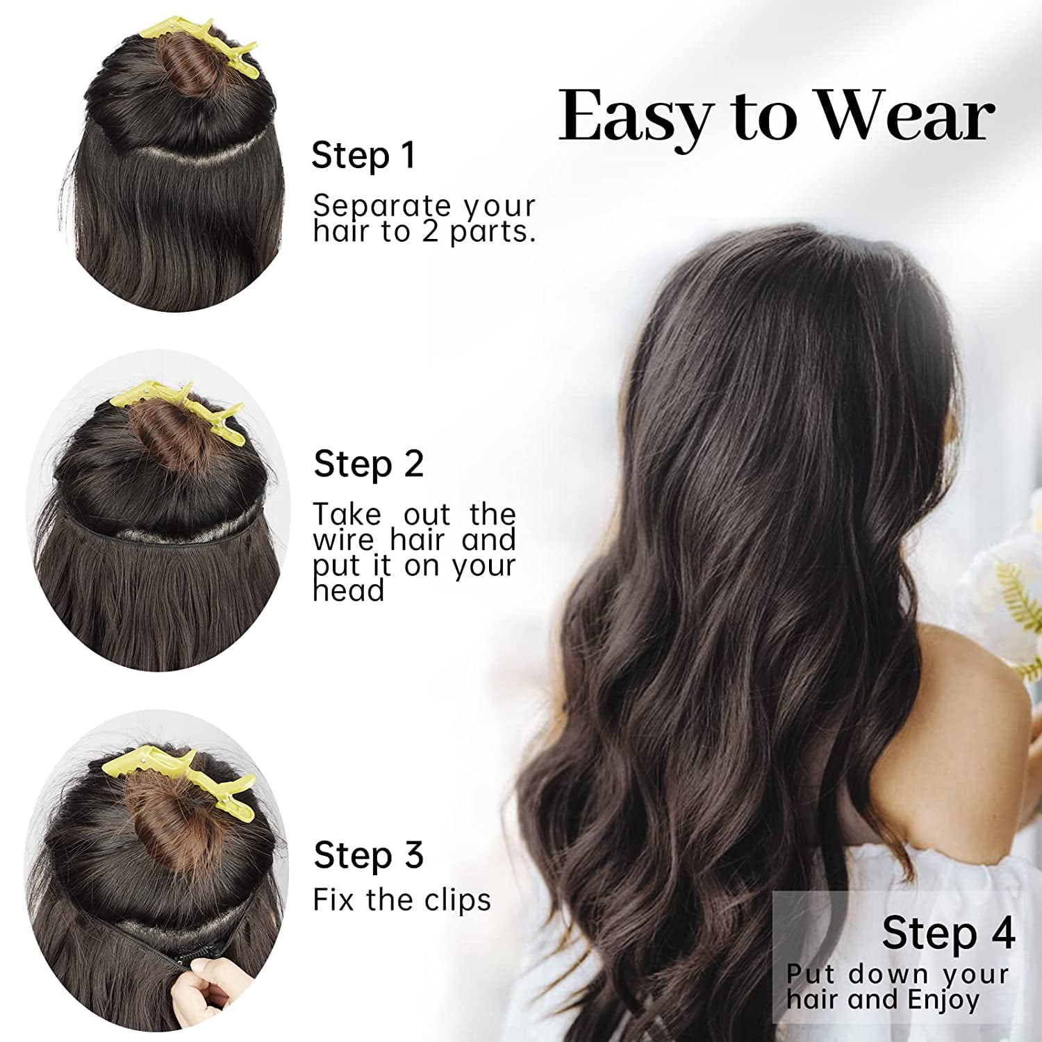 Invisible Wire Hair Extensions with Transparent Wire Headband Adjustable Size 4 Secure Clips Long Wavy Hairpiece 20 Inch Auburn Brown for Women