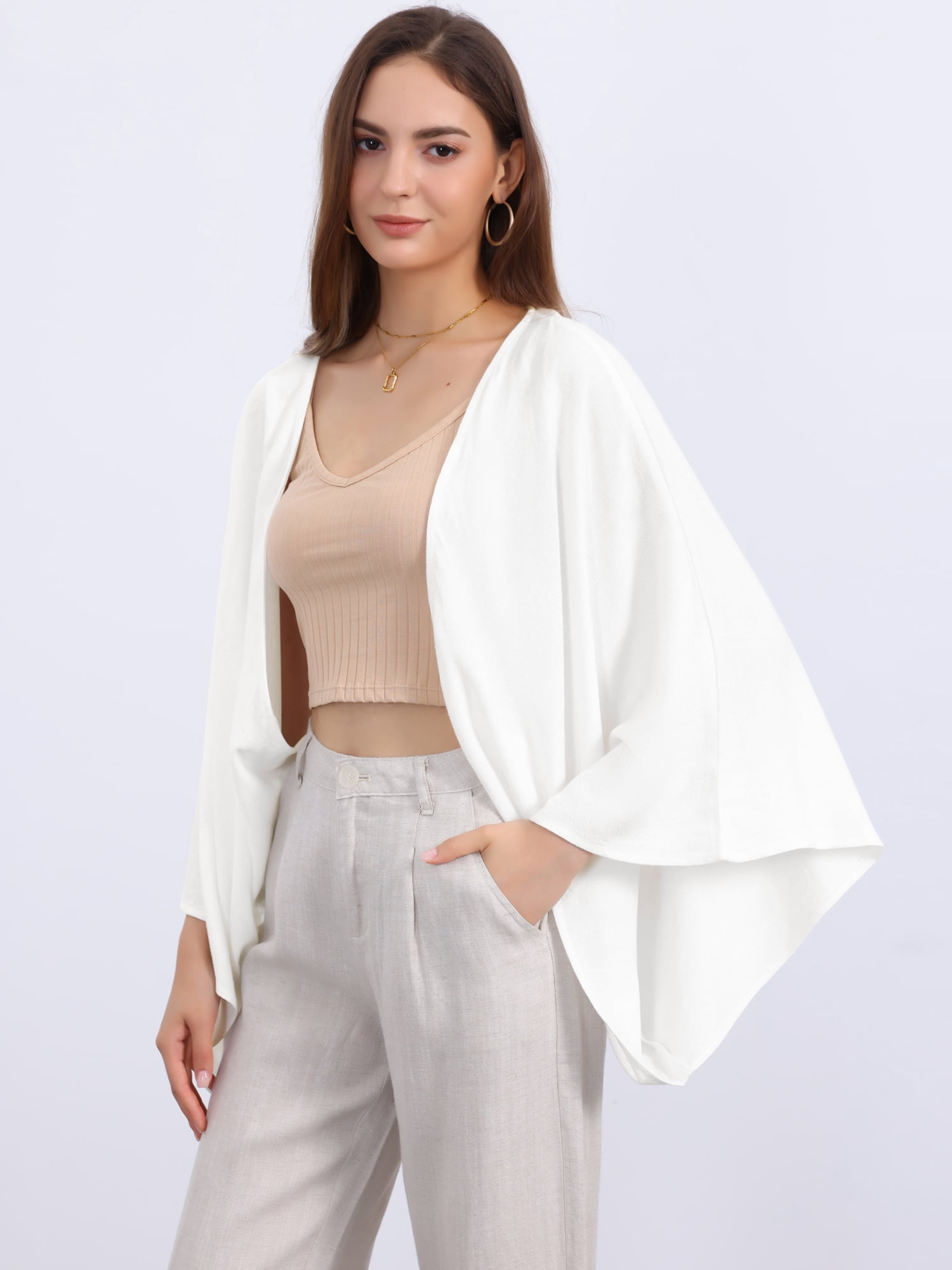 DARING DIVA Women's Linen Cardigan 3/4 Sleeve Open Front Lightweight Shrug S White