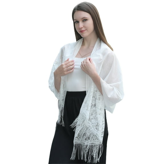 Woman Church Lace Trim Scarf with Floral Pattern Large Shawl Sunproof for Summer