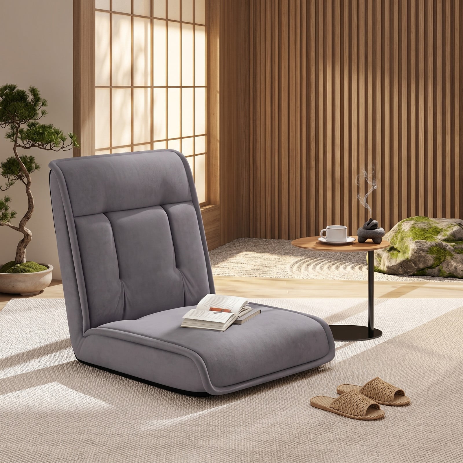 Furnibear Folding Floor Chair, Convertible Lazy Sofa Chaise Lounge with 14-Position Adjustable Backrest & 5-Level Headrest, Padded Metal Frame Sleeper Recliner, Gray