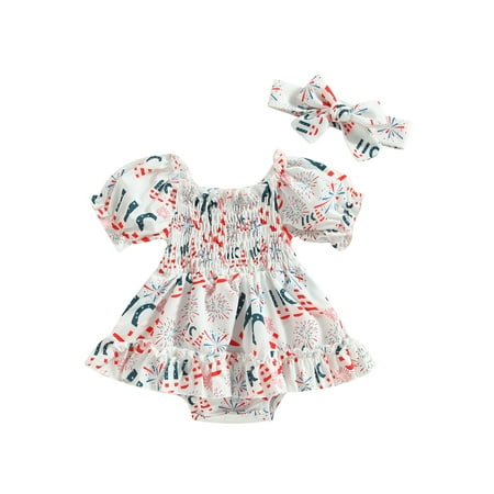 

Qtinghua 4th of July Baby Girl Clothes American Flag Romper Short Sleeve Ruched Jumpsuit Dress with Headband Outfits White A 0-6 Months