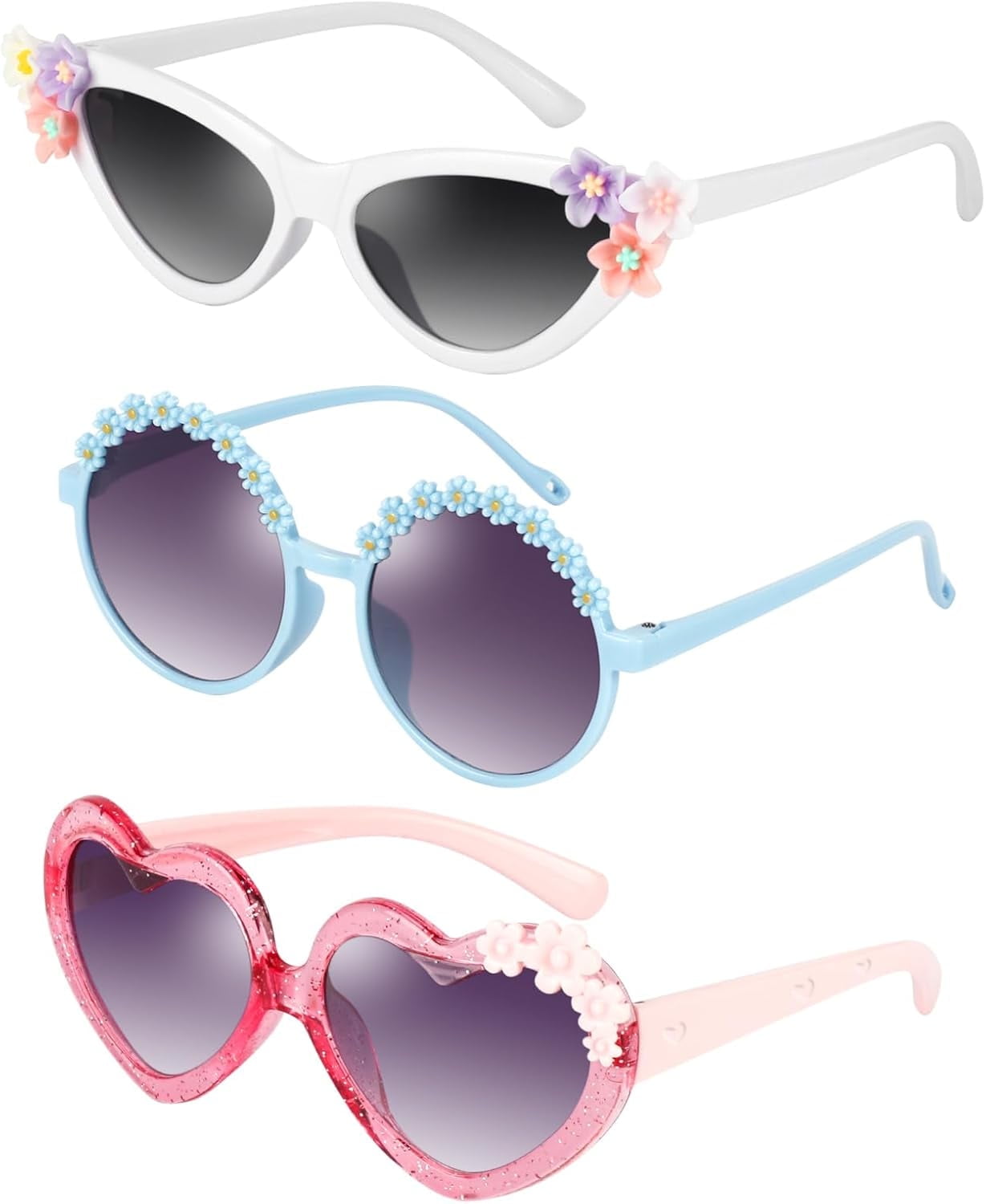 3 Pack Kids Sunglasses Stylish Cute Heart Shaped Round Cat Eye Sunglasses for Toddler Girls Age 3-10 Outdoor Beach Eyewear