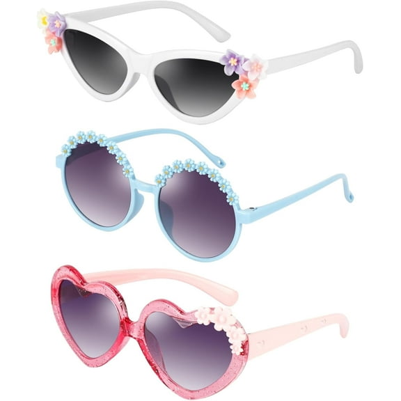 3 Pack Kids Sunglasses Stylish Cute Heart Shaped Round Cat Eye Sunglasses for Toddler Girls Age 3-10 Outdoor Beach Eyewear