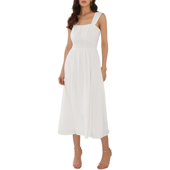 INSPIRE CHIC Women's Wedding Guest Dress Ruched Waist Sleeveless Smocked Maxi Dresses L White