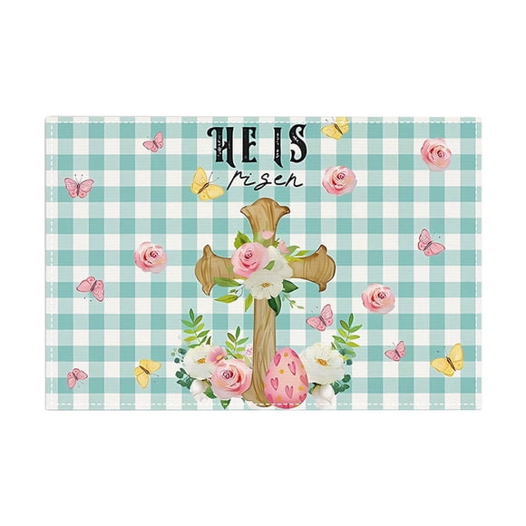 D 12X18 Inch Linen Easter Placemat With Cross And Egg Pattern Heat Resistant Washable For Dining Table Kitchen Spring Decoration