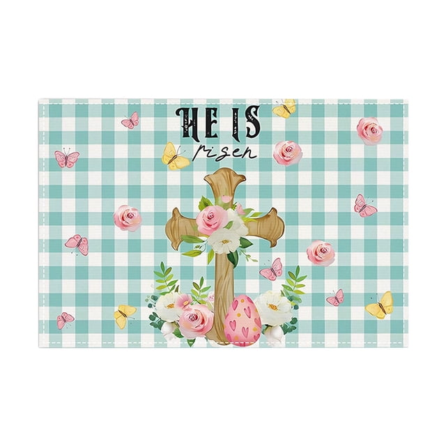D 12X18 Inch Linen Easter Placemat With Cross And Egg Pattern Heat Resistant Washable For Dining Table Kitchen Spring Decoration