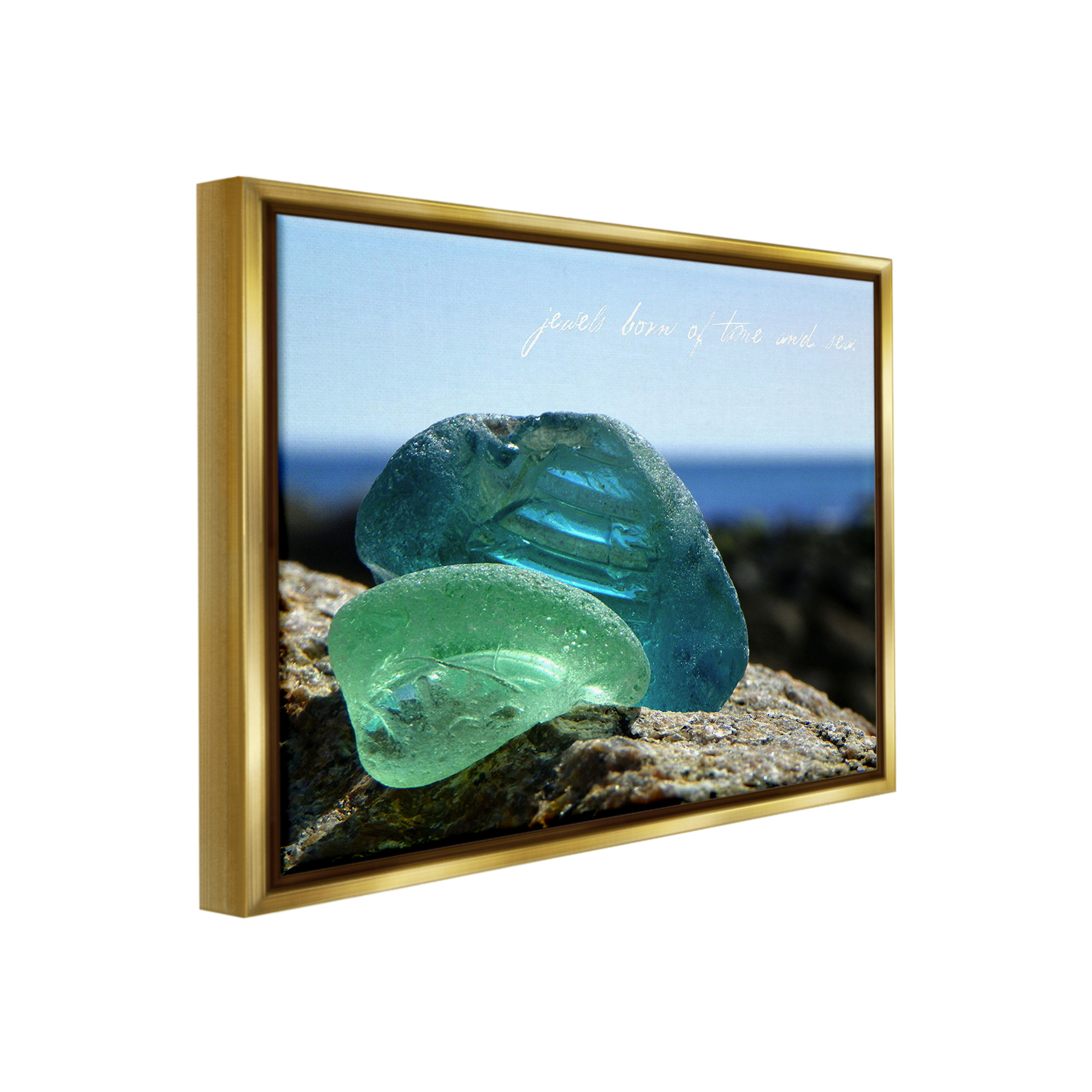 Stupell Industries Sea Glass Photography Phrase Typography Photography Gold Floater Framed Canvas Art Print Wall Art, 31 x 25