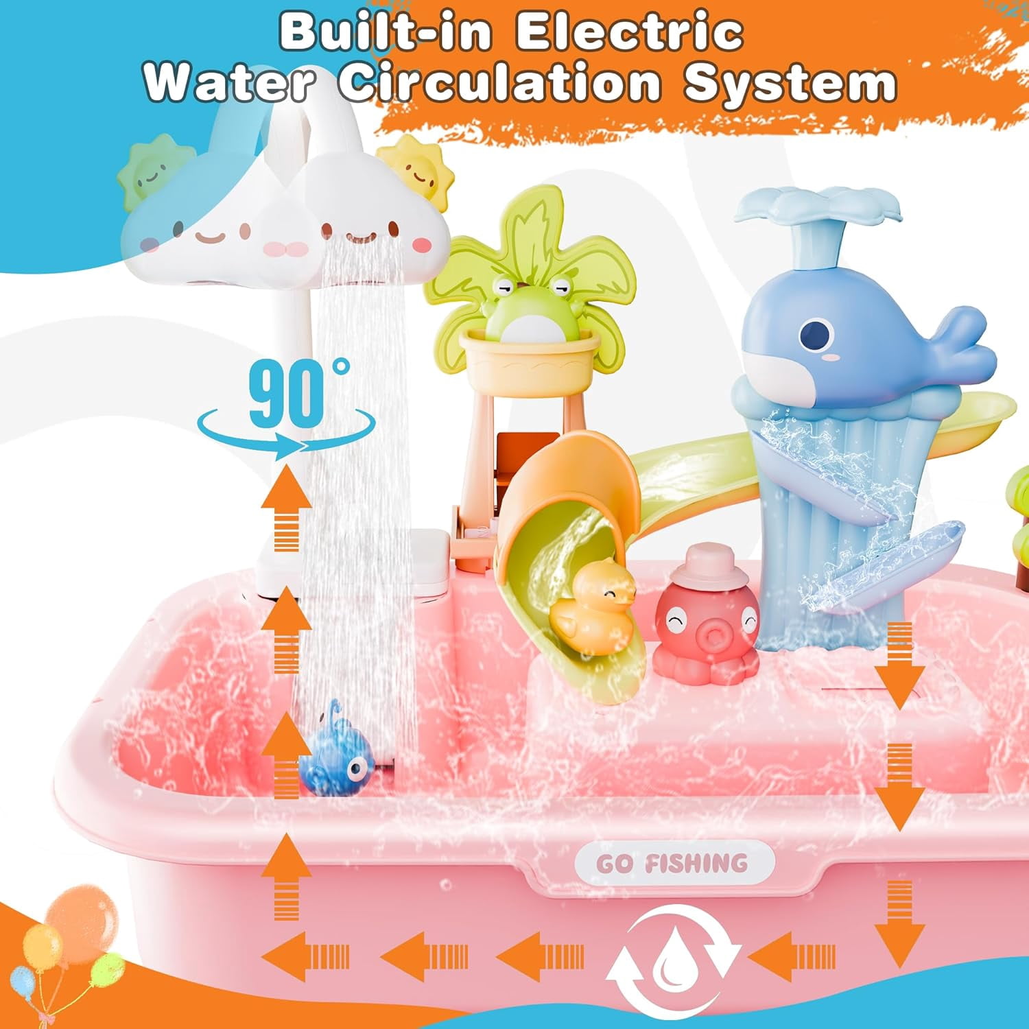 Kids Water Table Play Set with Electric Water Pump, Faucet, Fishing Game and Kitchen Accessories for Ages 3+