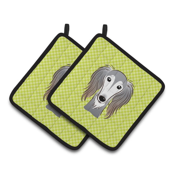 Carolines Treasures BB1291PTHD Checkerboard Lime Green Saluki Pair of Pot Holders , 7.5HX7.5W, multicolor