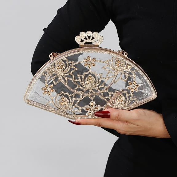 Jaucin Fashionable women's rhinestone clutch, evening bag, fan-shaped crystal diamond wedding handbag, crossbody bag, prom party wallet