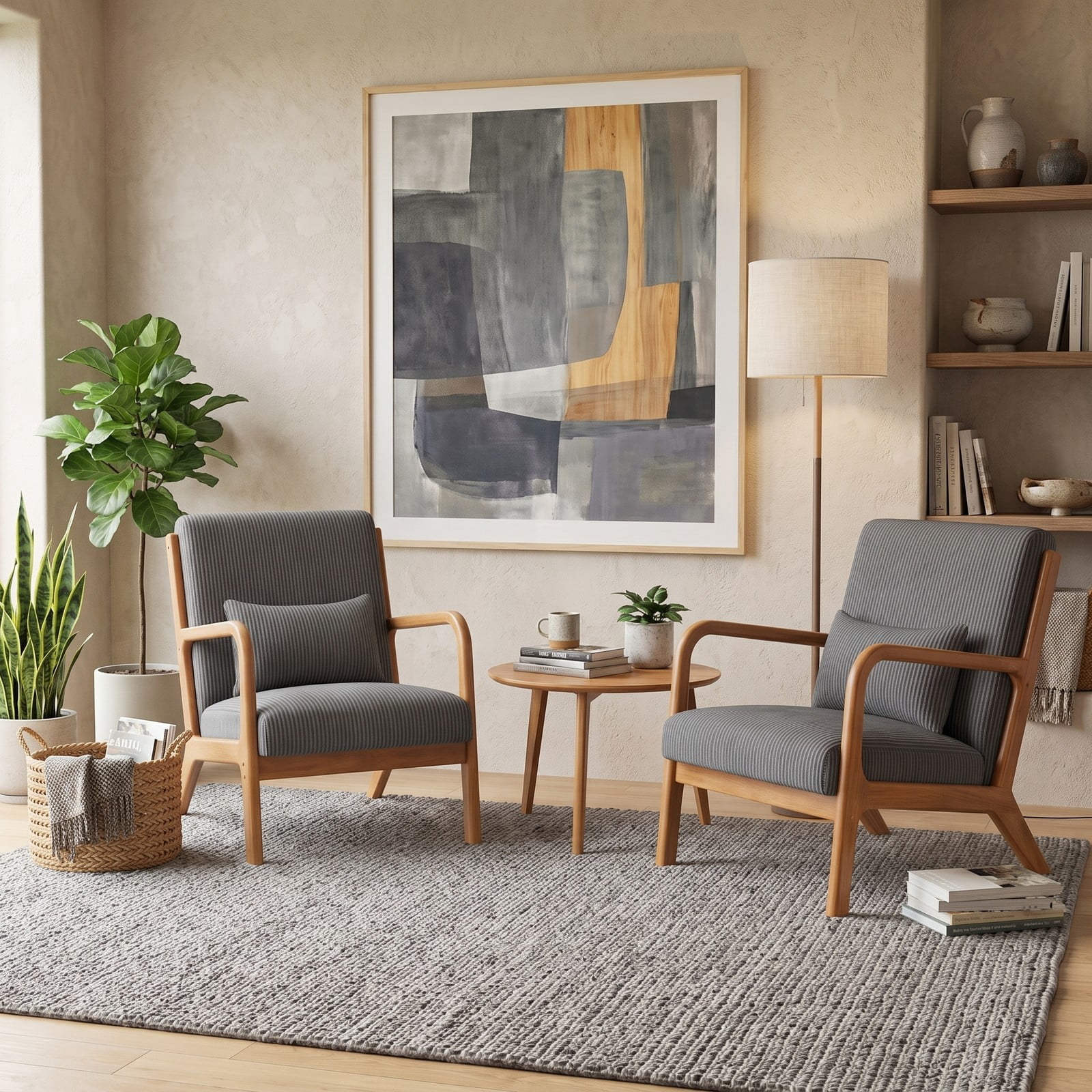 Furnibear Accent Chair, Corduroy Upholstered Lounge Chair with Lumbar Pillow, Ergonomic 105-Degree Backrest, Solid Wood Frame Armchair for Living Room Bedroom, Gray