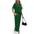 thumbnail image 5 of Women's 2 Piece Sets Summer Casual Short Sleeve Tops Wide Leg Pants Matching Lounge Set Vacation Travel Outfits Green M, 5 of 6