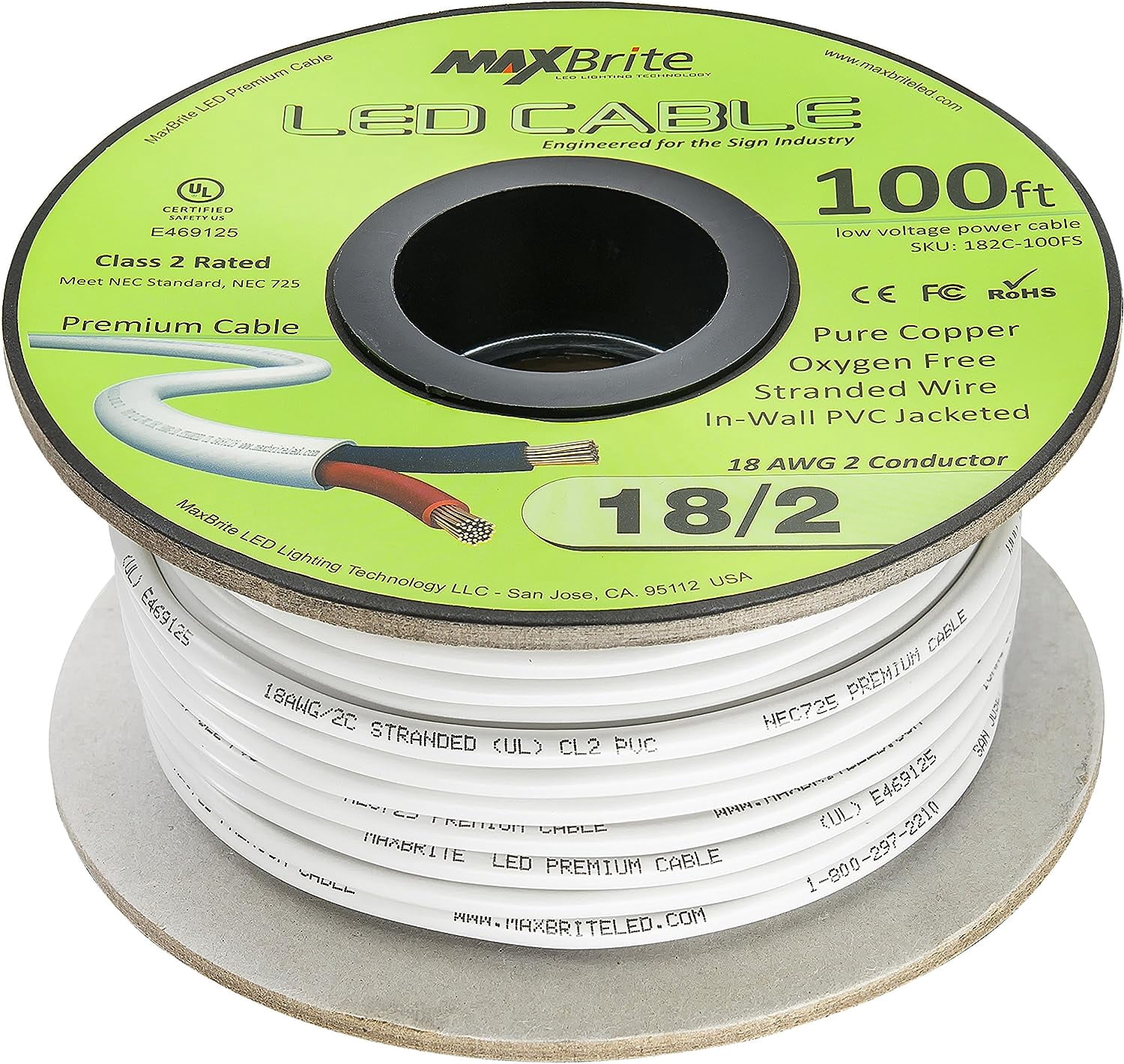 100 ft. 18AWG Low Voltage Cable 2 Conductor White Sleeve in-Wall Speaker Wire UL Listed Class 2