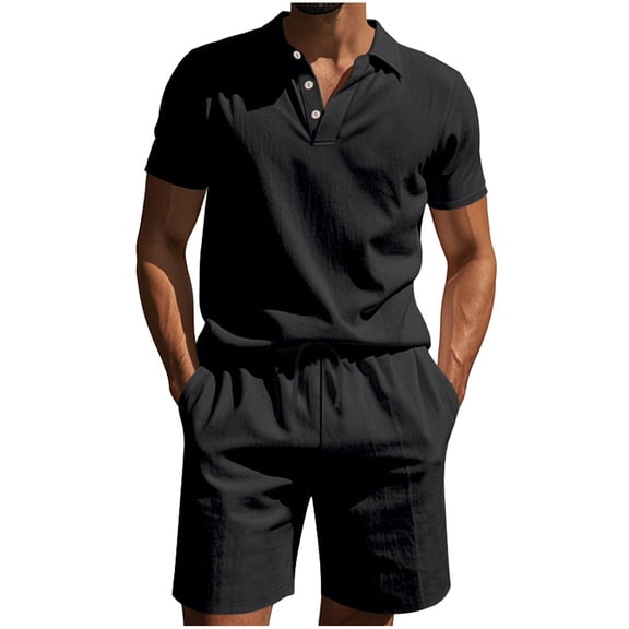 Timoontee Men's 2 Piece Cotton Linen Sets Lightweight Summer Beach Sets Short Sleeve Lapel Shirts with Elastic Waist Drawstring Shorts Casual Sweatsuits Black S