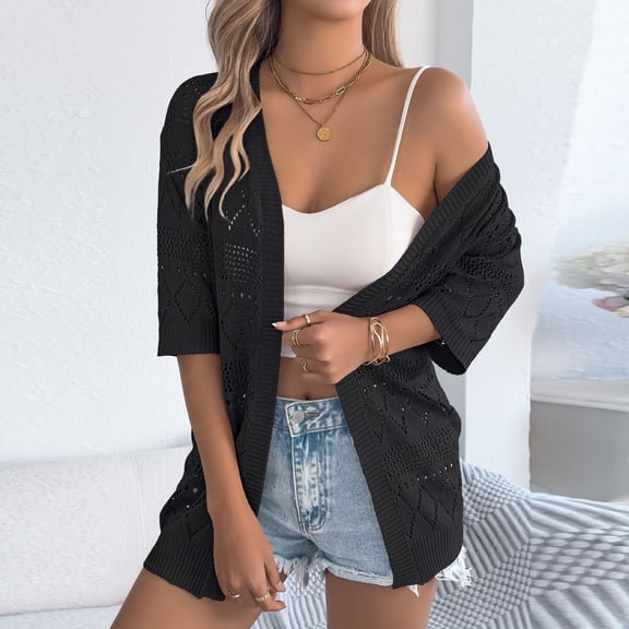 ICHUANYI Lightweight Summer Crochet Cardigan for Women Short Sleeve Boho Oversized Open Front Knitted Cardigan