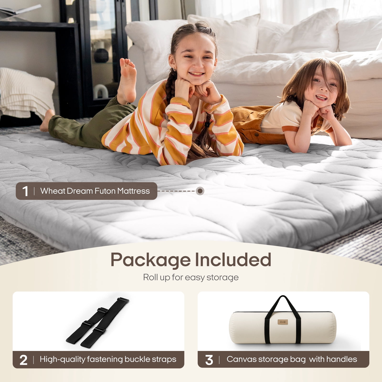 Zonli Japanese Floor Mattress Futon, Foldable Tatami Mat with Cotton Cover, Full 75"x54", Grey