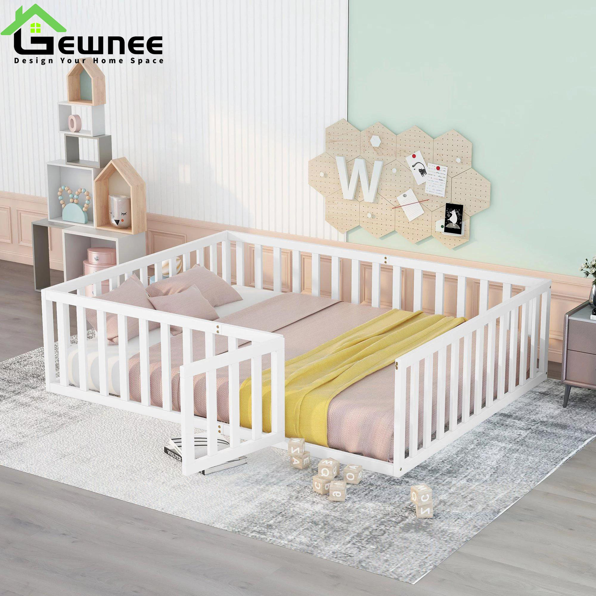 Gewnee Queen Size Montessori Bed for Toddler, Wood Floor Bed Frame with ...