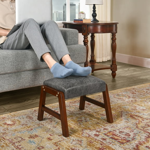 Small Footstool Ottoman, Fabric Wooden Foot Rest Ottoman with Wood Legs, Small Foot Stool Sofa Footrest Extra Seating for Living Room Entryway Office, Grey