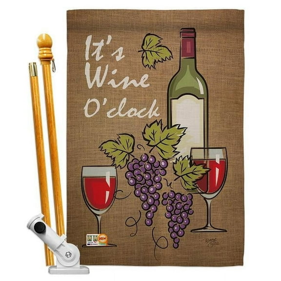 Breeze Decor BD-WI-HS-117033-IP-BO-D-US14-BD 28 x 40 in. Its Wine Happy Hour & Drinks Impressions Decorative Vertical Double Sided House Flag Set with Pole Bracket Hardware