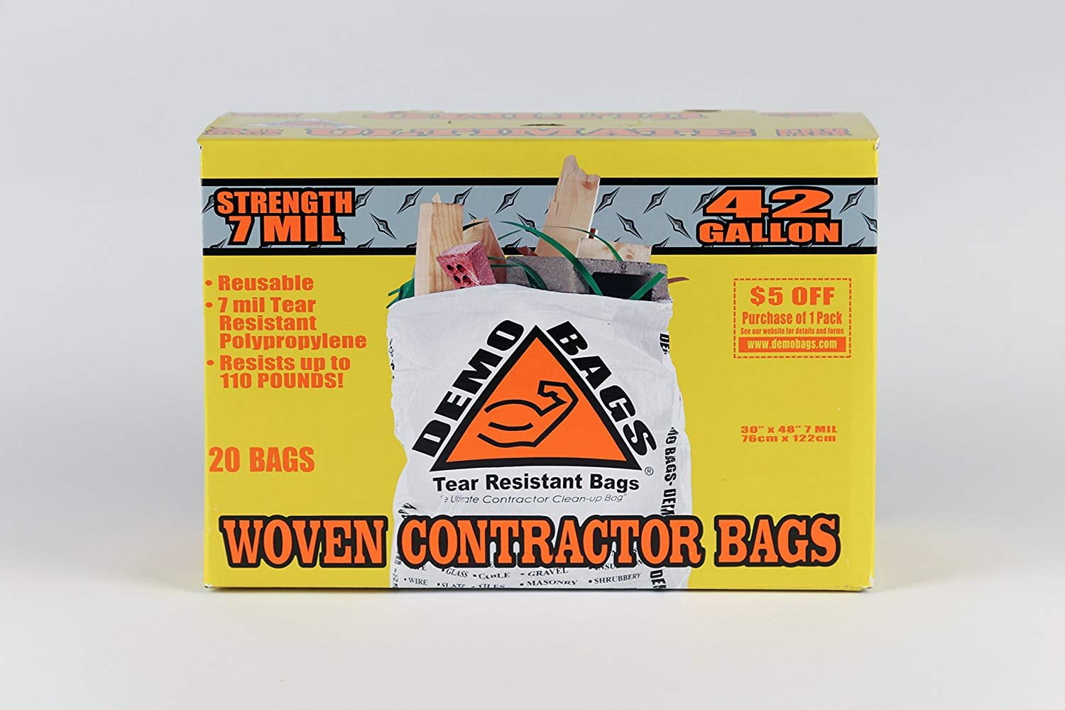 Contractor Trash Bags 20-Pcs 42-Gallon Tear Resistant Eco Friendly Reusable 