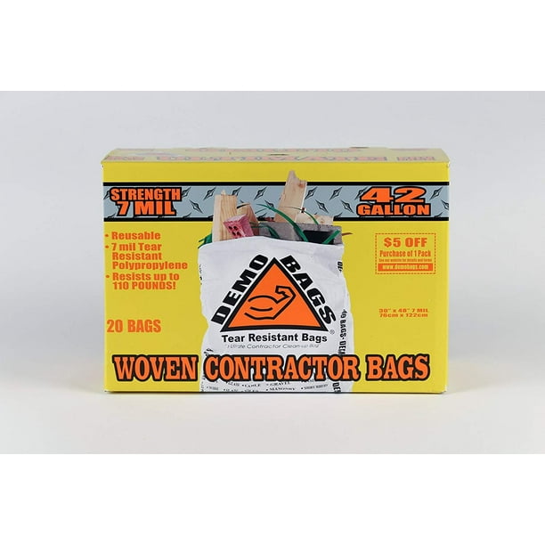 DemoBags Reusable 7 MIL 42gallon Contractor Trash Bags, 20count box