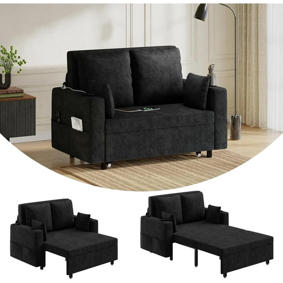 3 in 1 Pull Out Sofa, 56 Inch Convertible Sleeper Sofa Bed, Loveseat Sofa Sofa with Cup Holders, USB & Side Pocket, Modern Loveseat for Living Room