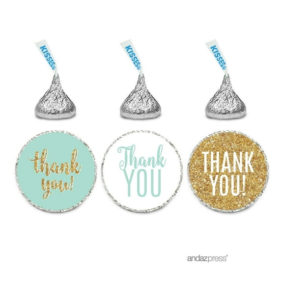 Signature Light Aqua, White, Gold Glittering Party, Chocolate Drop Labels Stickers, Thank You, 216-Pack