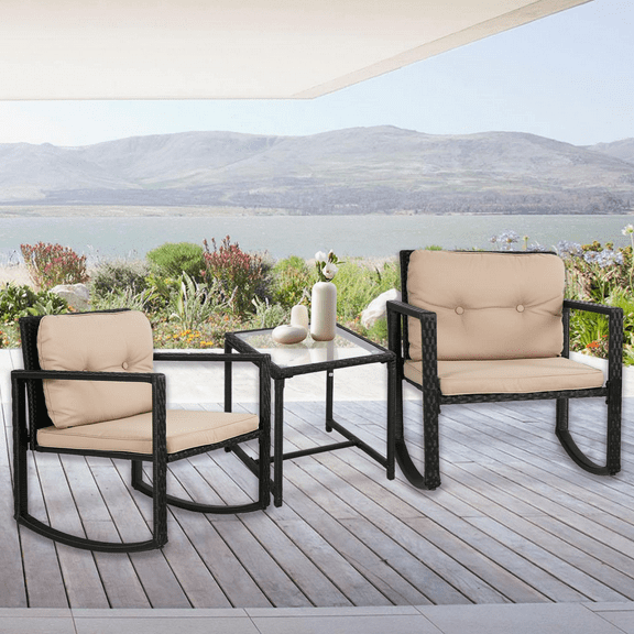 3-Piece Patio Bistro Set Outdoor Rattan Wicker Chair Rocking Chair with Thickened Cushion & Glass Coffee Table, Modern Wicker Patio Furniture Sets for Yard Bistro, Black