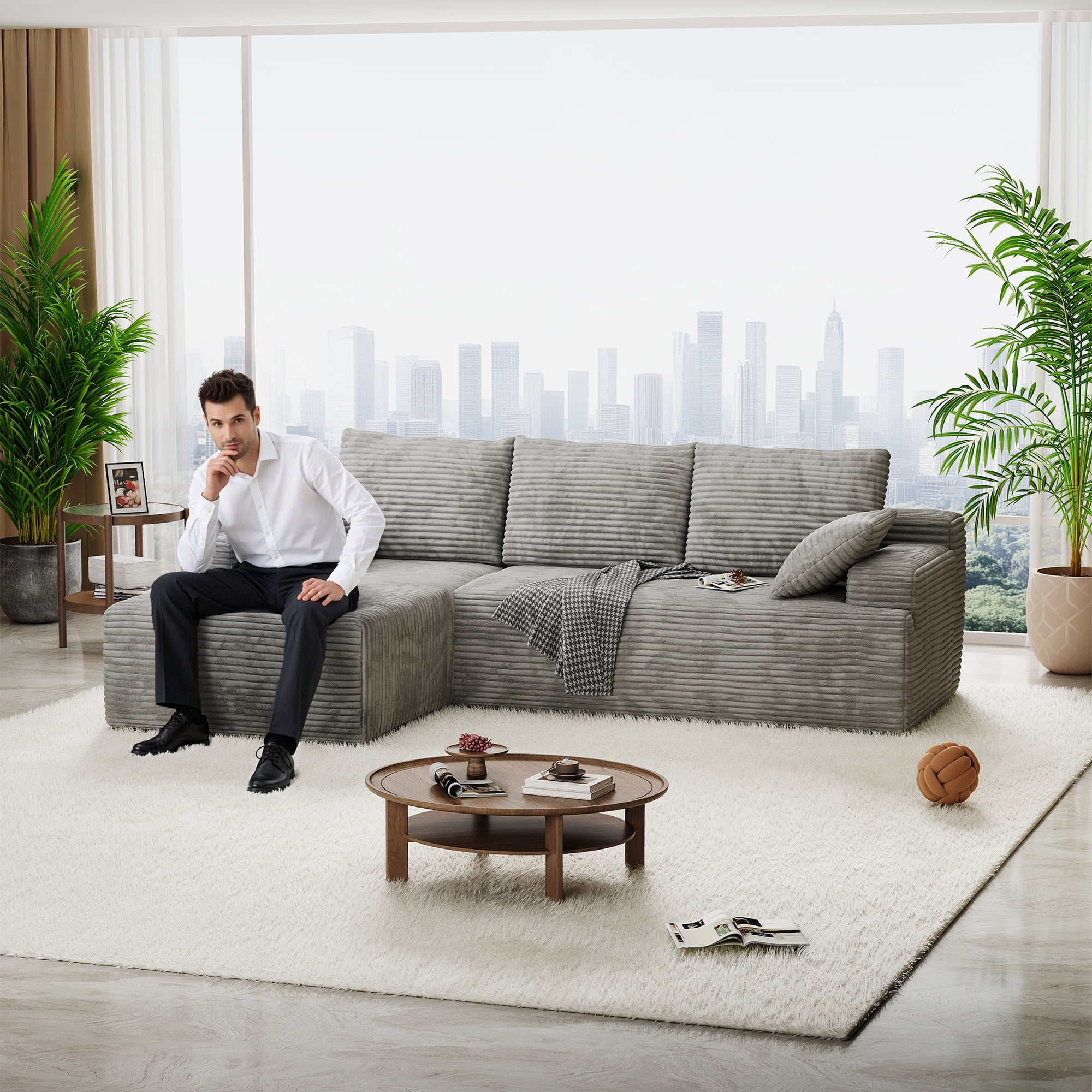 104" Cloud Sectional Couch with L-Shape Chaise, Modern Modular Sofa with Deep Seat, Upholstered Couches with Back Cushion for Living Room Bedroom, No Assembly Required, White Grey (Corduroy Fabric)