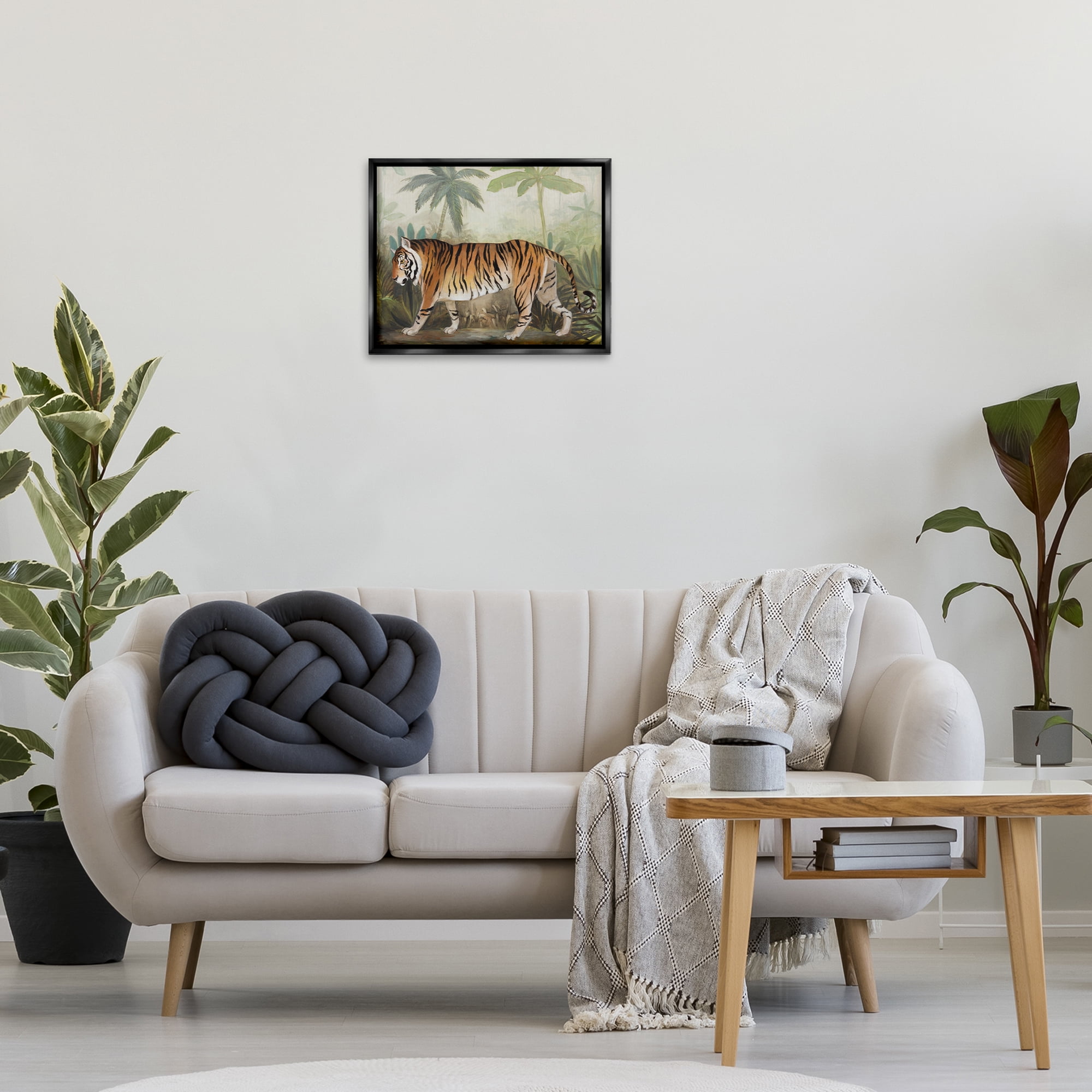 Stupell Industries Prowling Tiger in Forest Landscape Painting Black Floater Framed Canvas Art Print Wall Art, 21 x 17