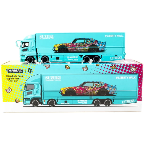 ミニカー TARMAC 1/64 LBWK Truck Mitsubishi Fuso Mitsubishi Fuso Truck with Transporter Light Blue with Graphics 1