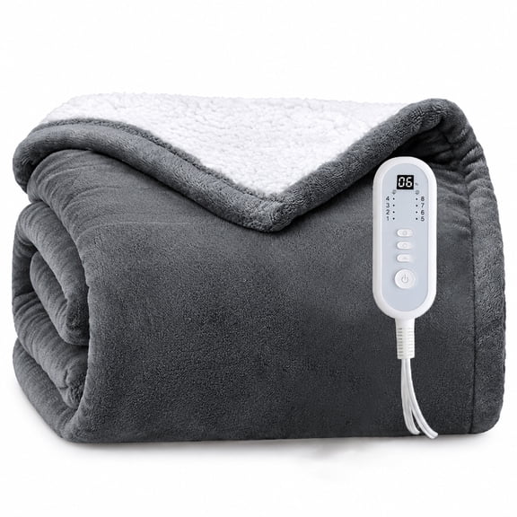 Flannel Sherpa Throw Size Heated Blanket Control 8 Heating Levels & 10 Hours Auto-Off Overheat Protection Cozy Warm Soft