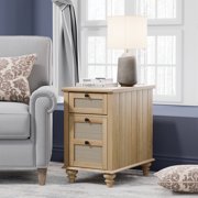 WAMPAT Farmhouse End Table with Charging Station, Wood Sofa Side Table with 1 Drawer&1 Storage Cabinet, Rattan Weaving End Table with Power Outlets & USB Ports for Living Room, Bedroom, Oak