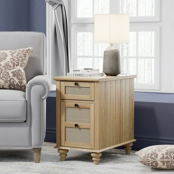 WAMPAT Farmhouse Nightstand with Charging Station, Bedside Table with Solid Wood Leg, Sofa EndTable with Storage Drawer&Power outlets USB Ports for Bedroom,Living Room