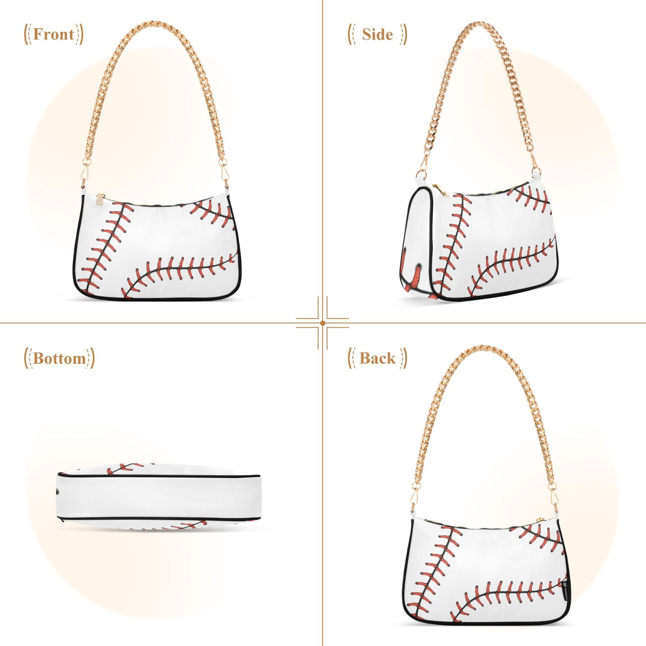 White Baseball Womens Chain Shoulder Bag Tote Handbag Clutch Hobo Purse with Zipper for Travel Casual