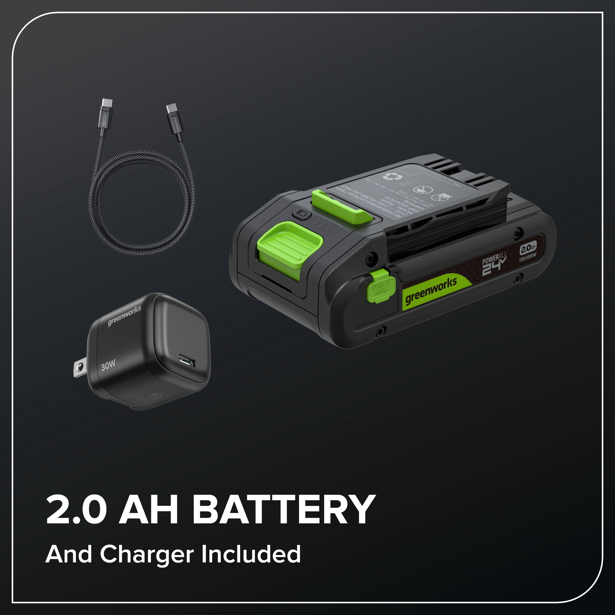 Greenworks 24V 12" Brushless String Trimmer Kit, Auto-Feed, 3-Piece Shaft, 2.0Ah USB-C Battery, 30W USB-C GAN Charger, 4.08lbs (Without Battery), 3-Year Warranty