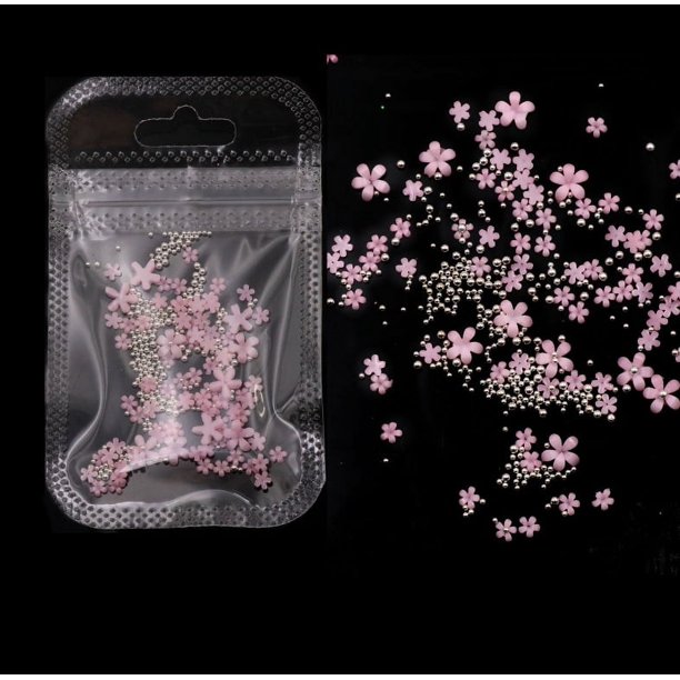 Joyería para decoración de uñas con flores blancas, resina tridimensional, tamaño de flor de cinco pétalos, mezclada con cuentas de acero doradas y plateadas
