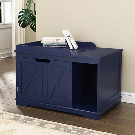 Litter Box Enclosure Furniture, Litter Box Cabinet with Flip Top, 31.5" Indoor House Washroom for Kitty, Medium and Large , Blue