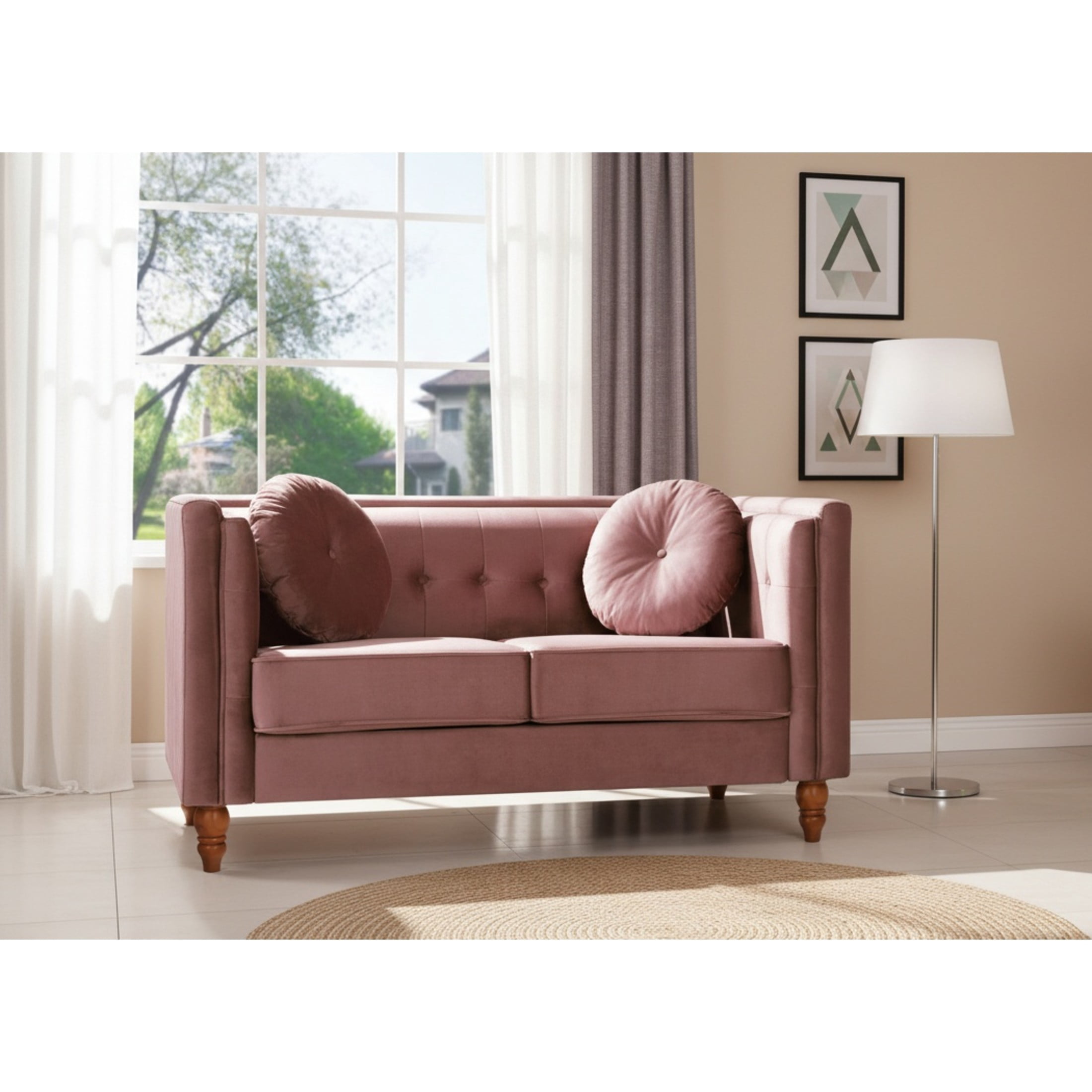 GDF Studio 58.3" Loveseat with Button-Tufted Crushed Velvet Upholstery & Tapered Wood Legs, Rose